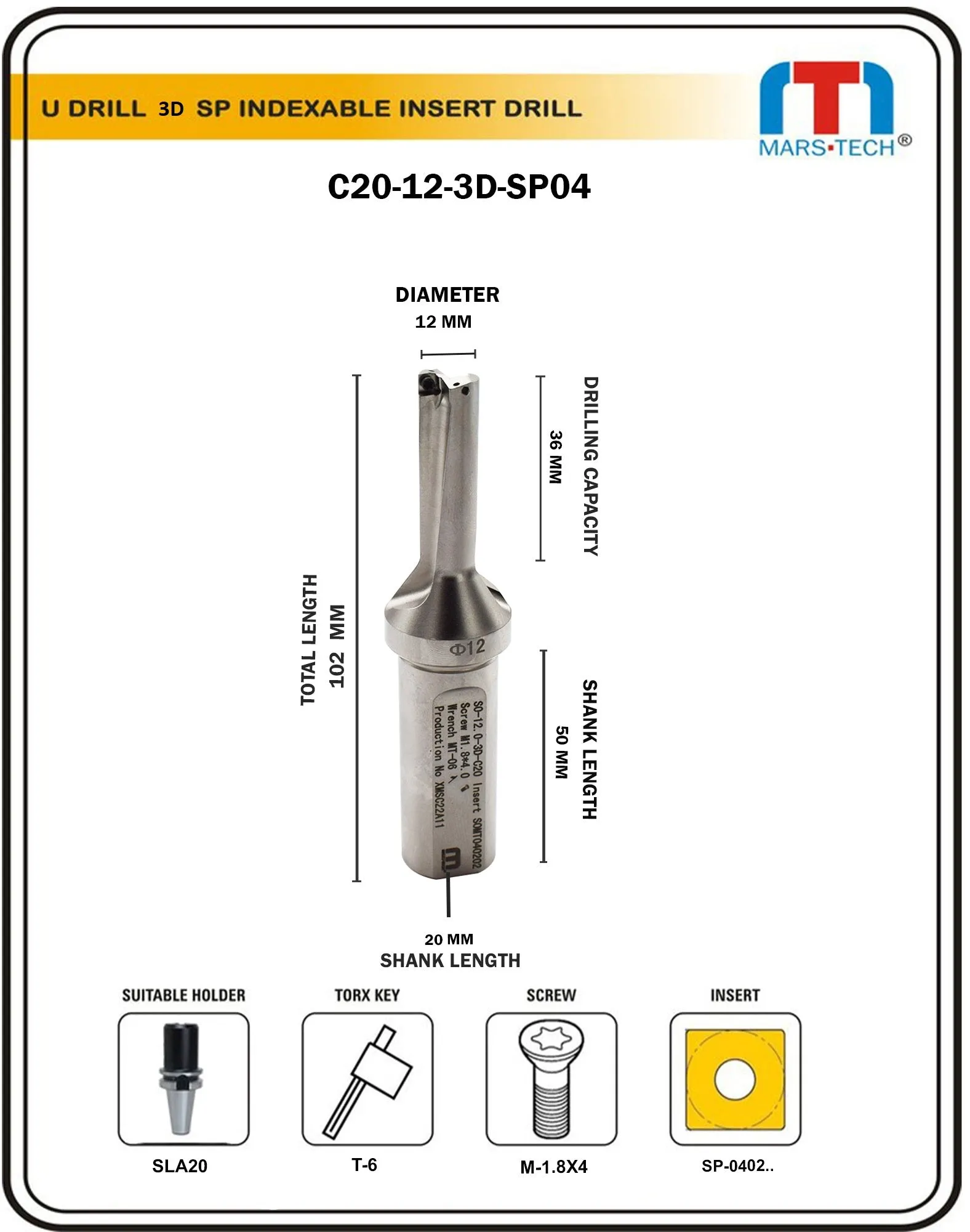 12 mm u drill LD3 suitable to SOMT040202 insert