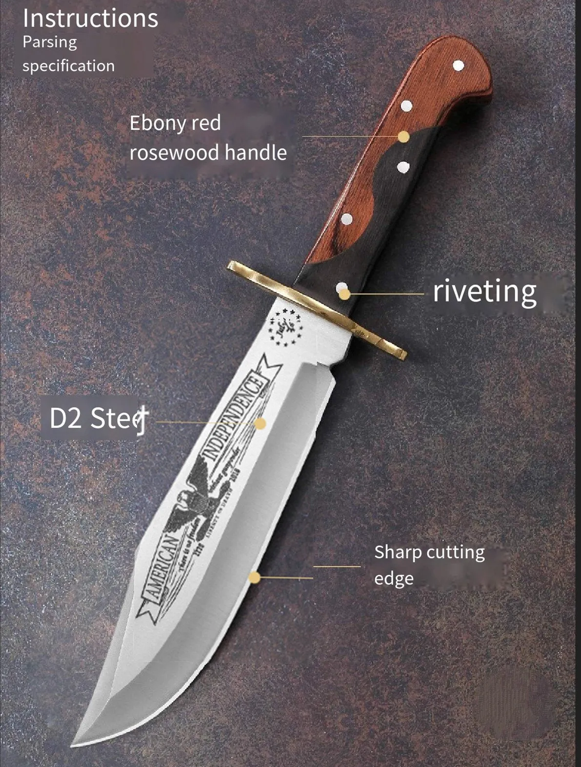 13-inch Bushcraft Fixed Blade EDC Skinning Knife, Mirror Polished D2 Stainless Steel Bowie Knife - Full-tang Wood Handle with Leather Sheath