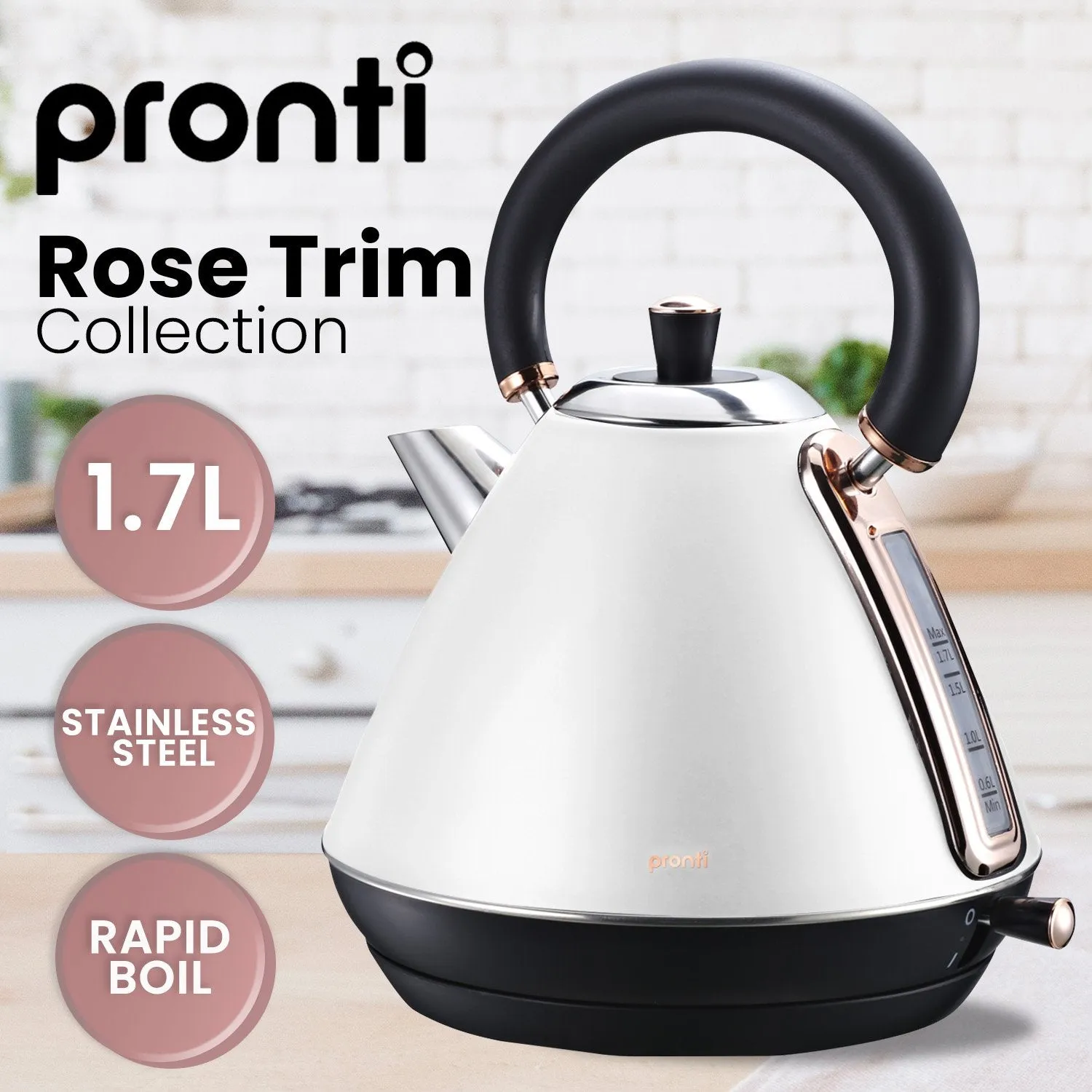 1.7L Stainless Steel Kettle w/ Rose Gold Trim - Pronti