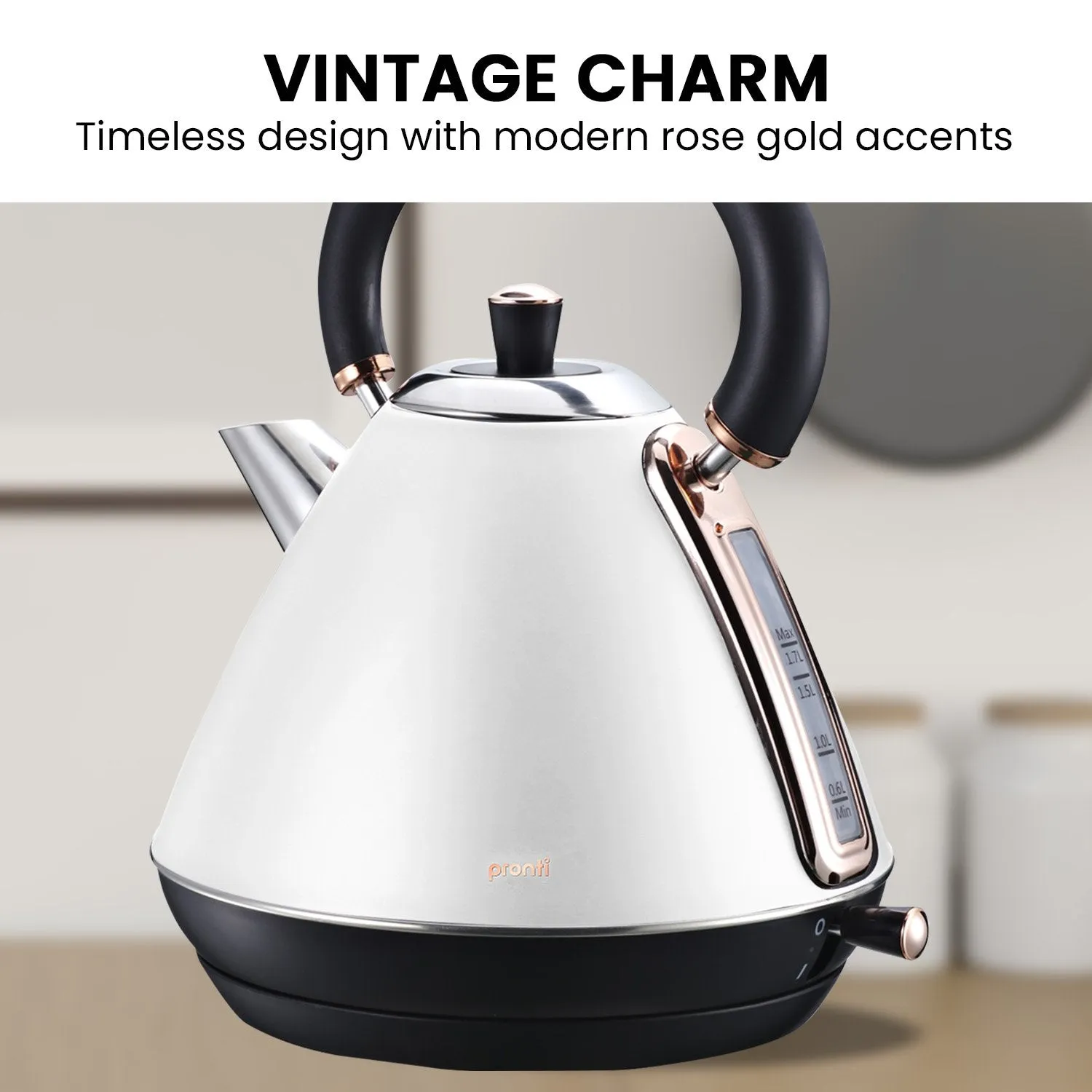 1.7L Stainless Steel Kettle w/ Rose Gold Trim - Pronti