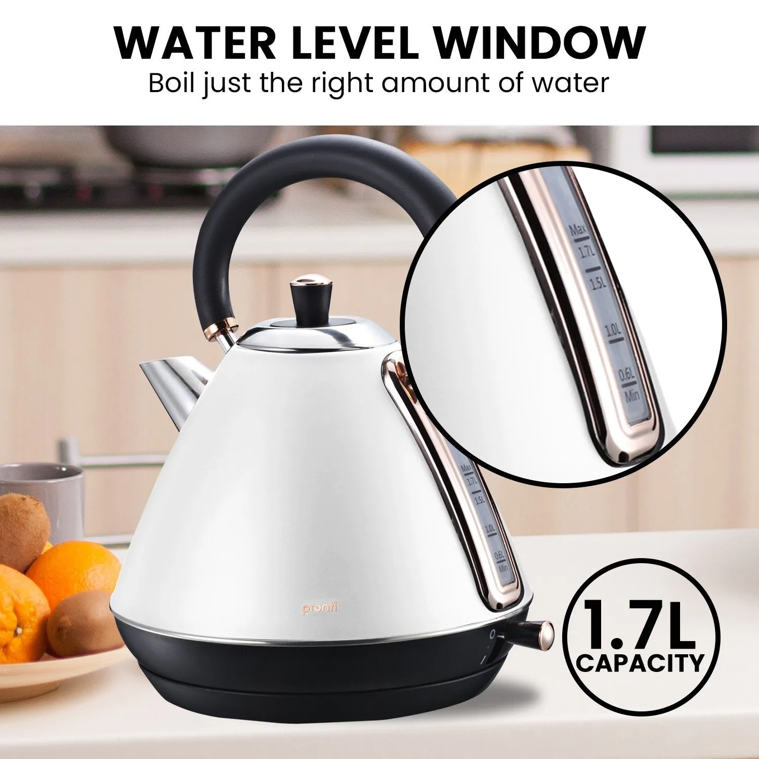 1.7L Stainless Steel Kettle w/ Rose Gold Trim - Pronti