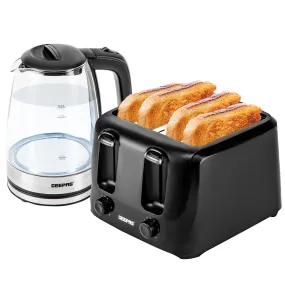 1.8L Black LED Glass Electric Kettle and Four-Slice Toaster Set