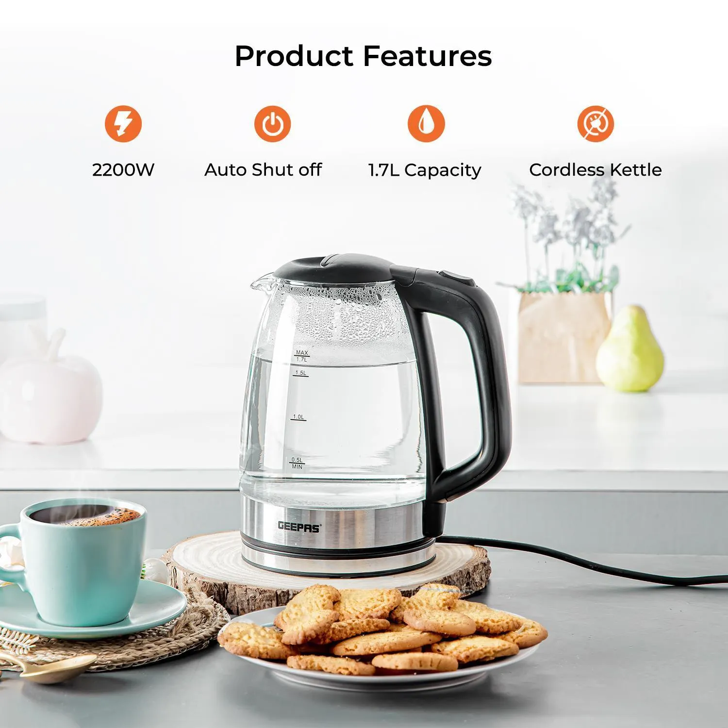 1.8L Black LED Glass Electric Kettle and Four-Slice Toaster Set