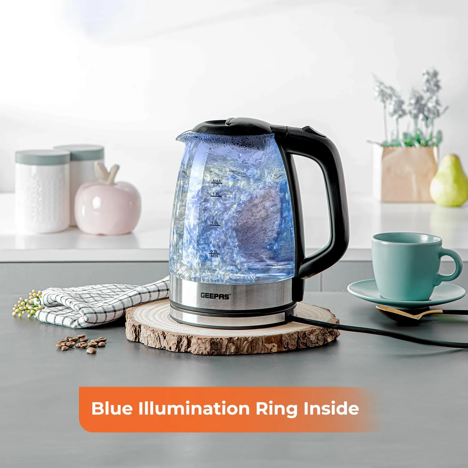 1.8L Black LED Glass Electric Kettle and Four-Slice Toaster Set