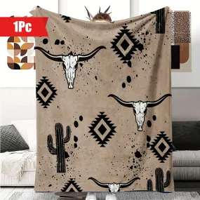 1pc Rustic Western Flannel Fleece Blanket, French Style, Soft Cozy Throw Blanket, Bull Skull And Cactus Design, Home Decor, For Halloween