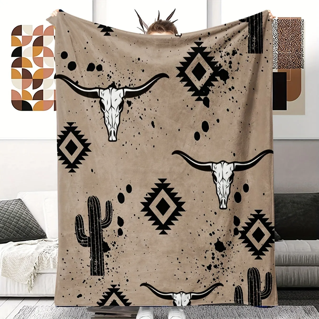 1pc Rustic Western Flannel Fleece Blanket, French Style, Soft Cozy Throw Blanket, Bull Skull And Cactus Design, Home Decor, For Halloween