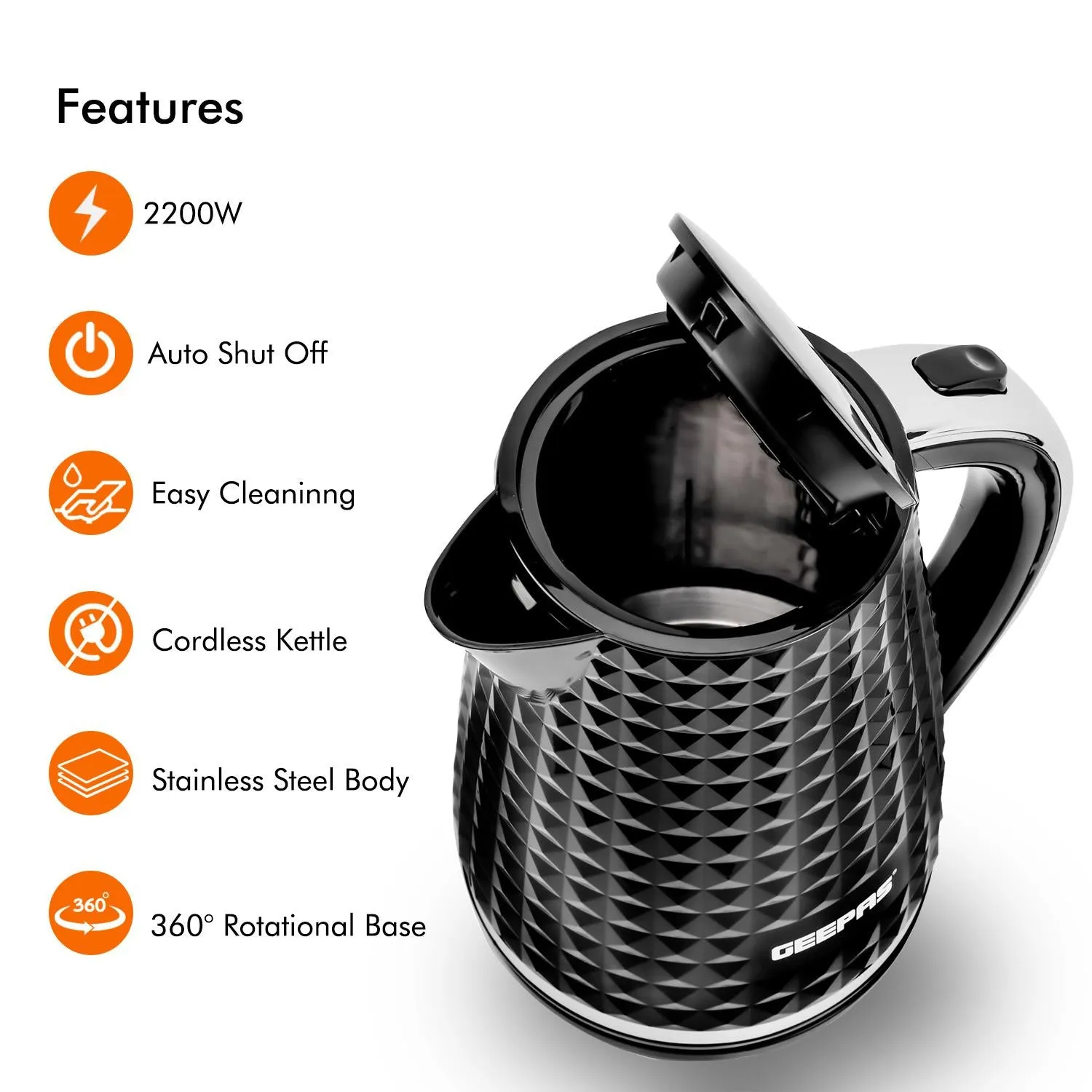 2200W Cordless Electric Jug Kettle with 1.7L Capacity