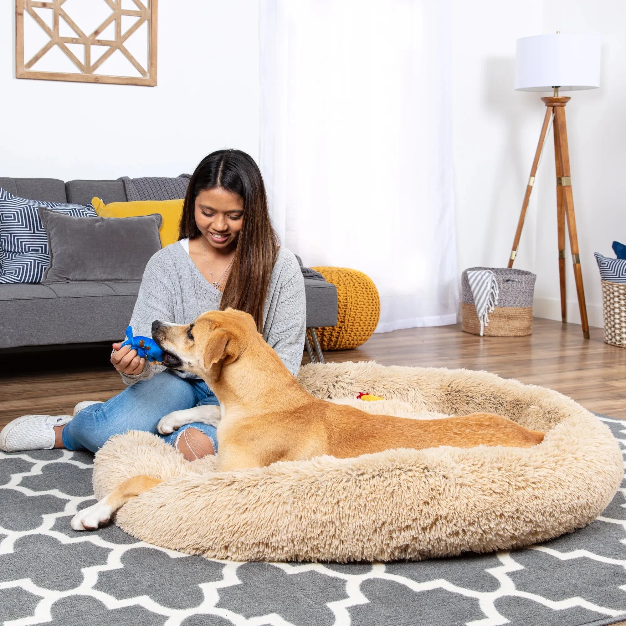 45In Dog Bed Self-Warming Plush Shag Fur Donut Calming Pet Bed Cuddler - Brown