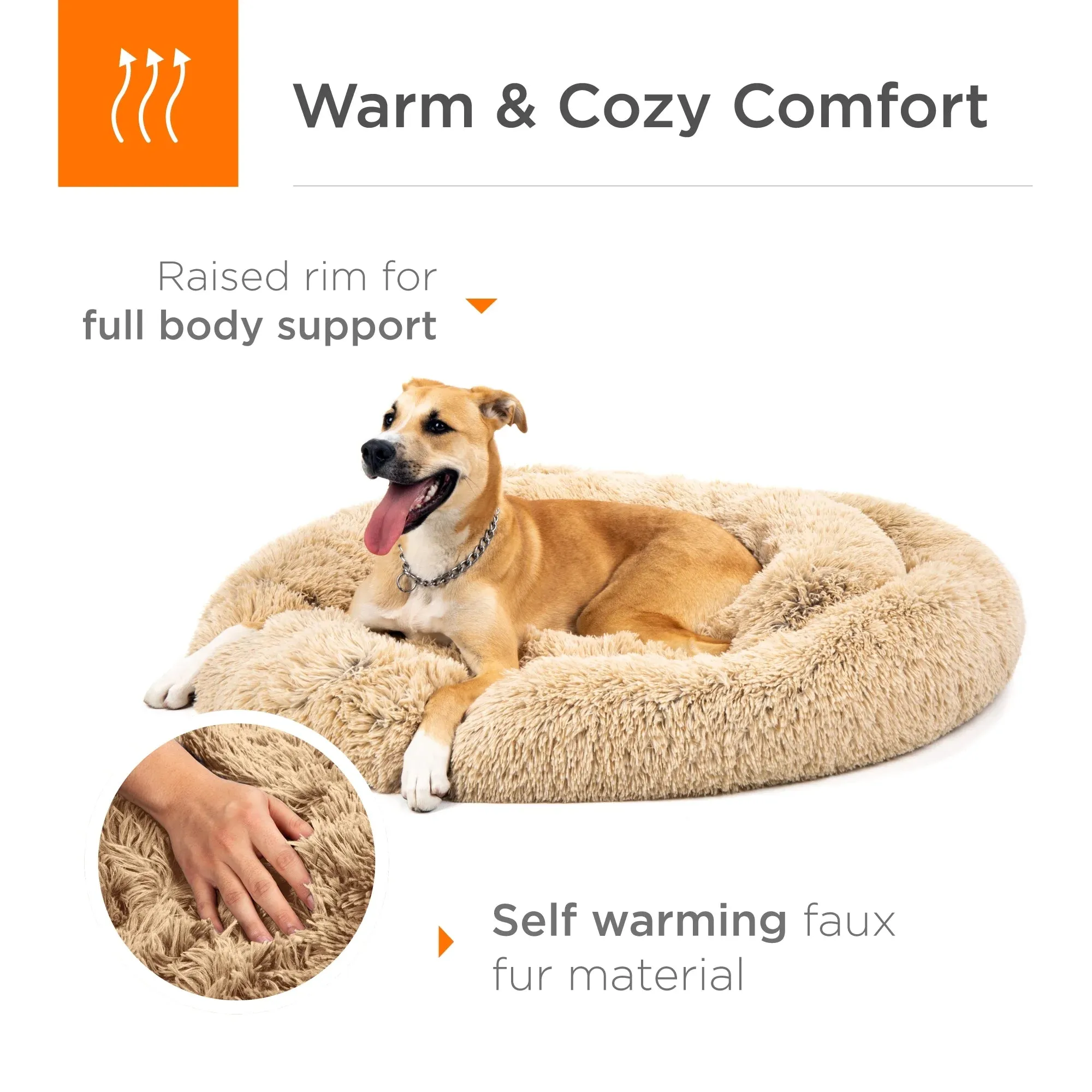 45In Dog Bed Self-Warming Plush Shag Fur Donut Calming Pet Bed Cuddler - Brown