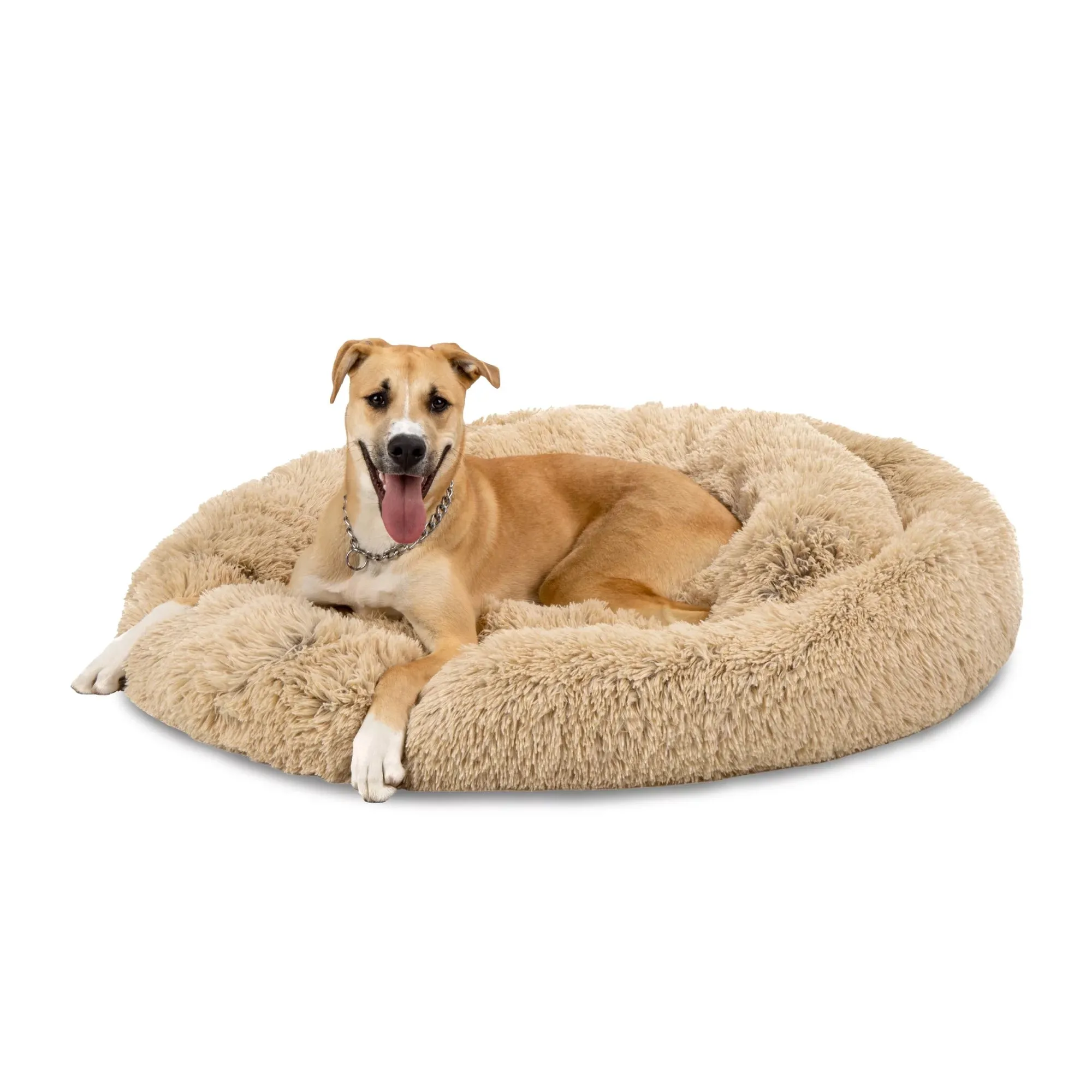 45In Dog Bed Self-Warming Plush Shag Fur Donut Calming Pet Bed Cuddler - Brown