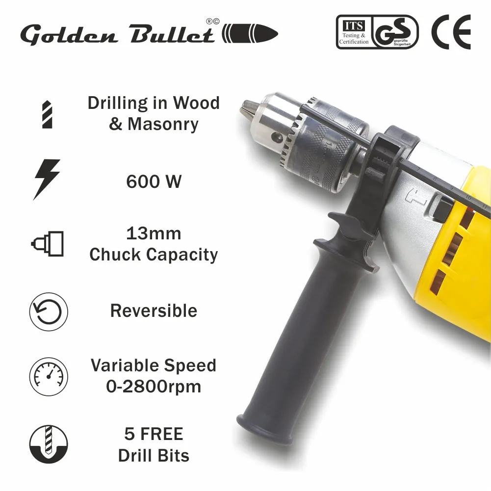 600W 13mm Reversible Impact Drill Machine with Variable Speed HI93   3 Drill Bits