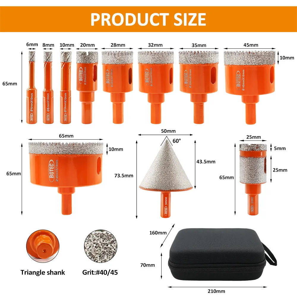 6mm-65mm Diamond Drill Bits Kit 11pcs Triangle Shank Serrated and 25mm Grinding&Drilling Bit   2'' Chamfer Bit