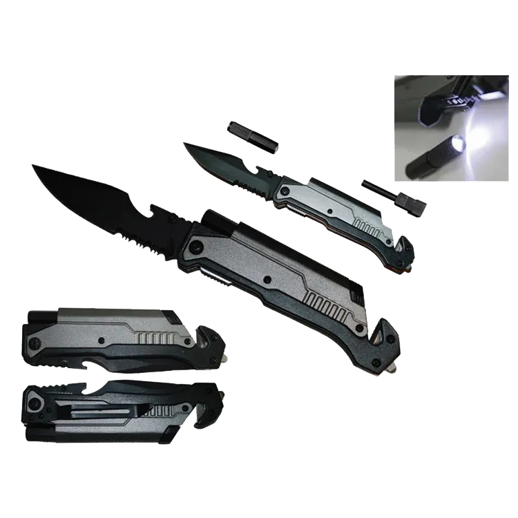 8 1/2" Folding Knife with LED light, cutter, glass breaker