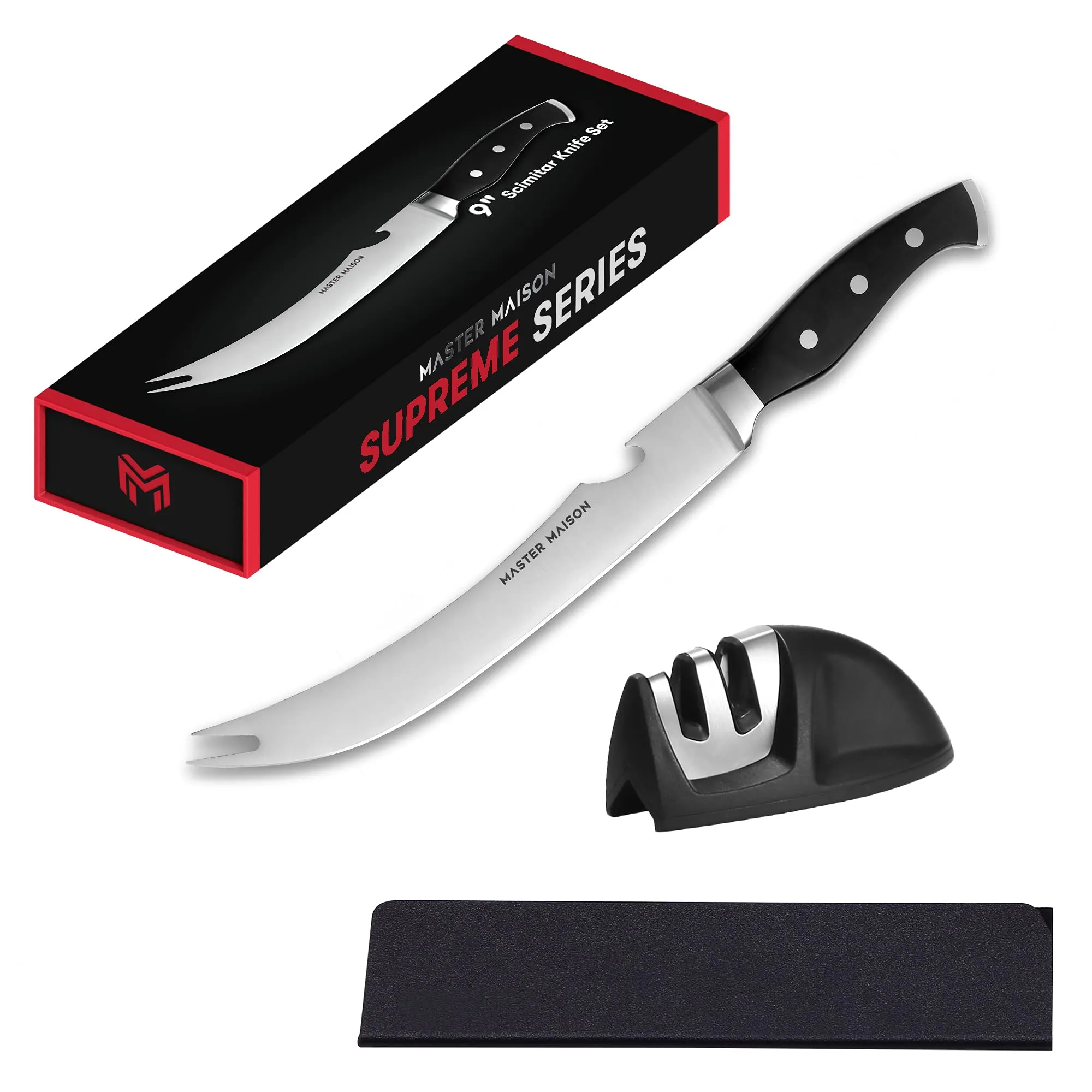 9" Professional Stainless Steel Scimitar Knife Set With Dual Sharpener