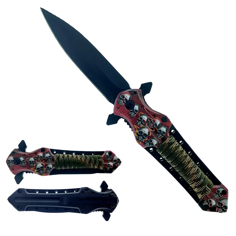 9" Spring Assisted Pocket Knife Skulls Handle & Paracord