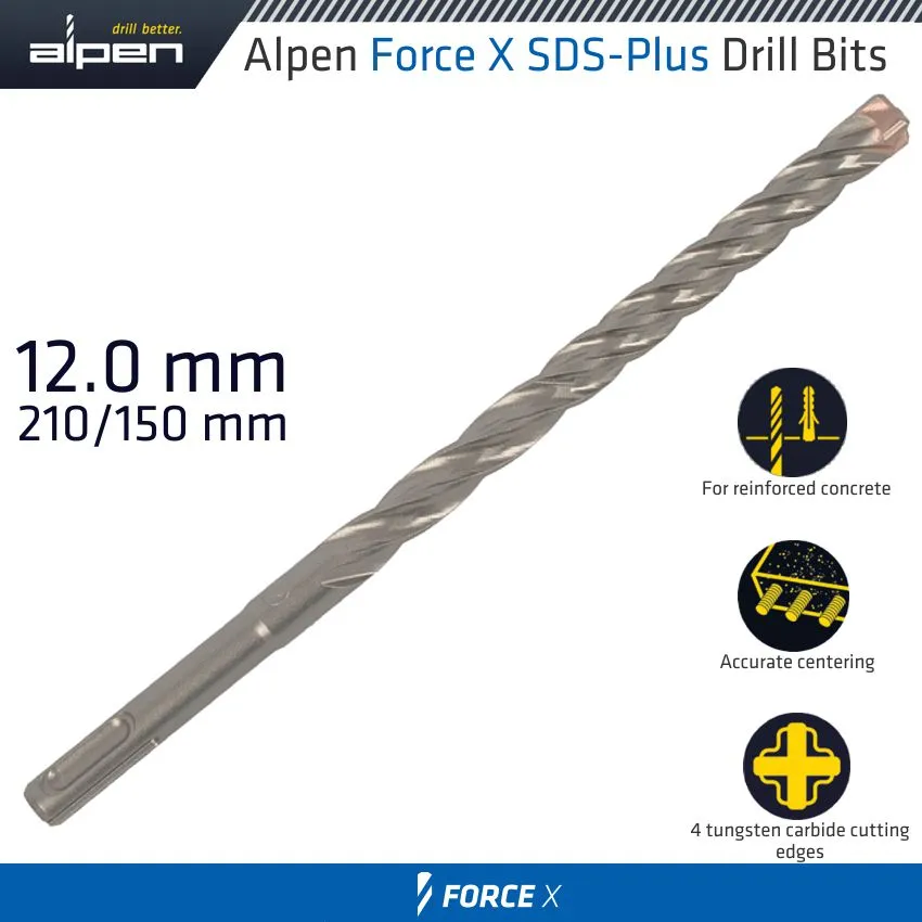 ALPEN FORCE X 12.0 x 210/150  SDS-PLUS DRILL BIT X4 CUTTING EDGES ALP825012