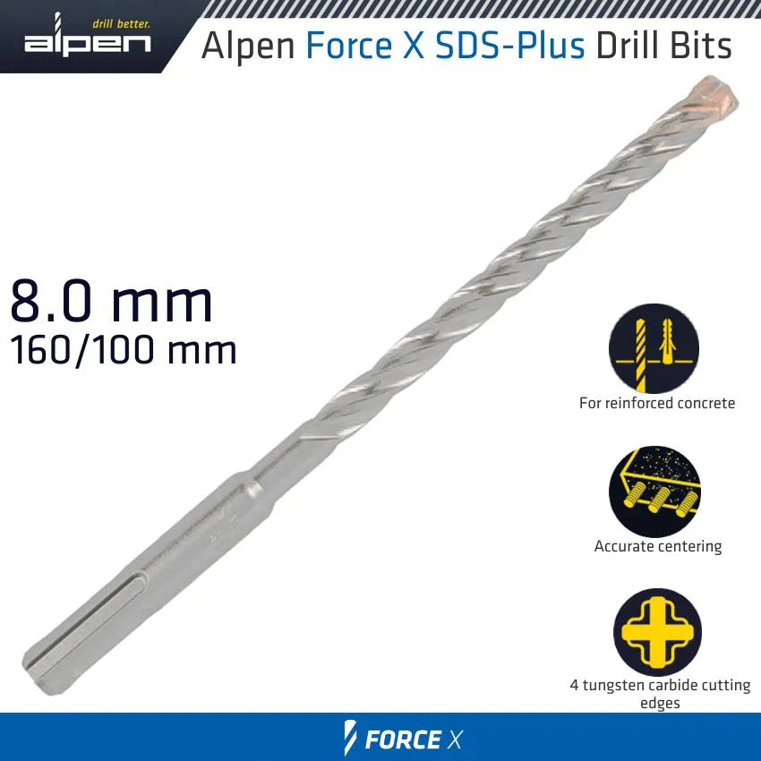 ALPEN FORCE X 8.0 x 160/100 SDS-PLUS DRILL BIT X4 CUTTING EDGES ALP815008