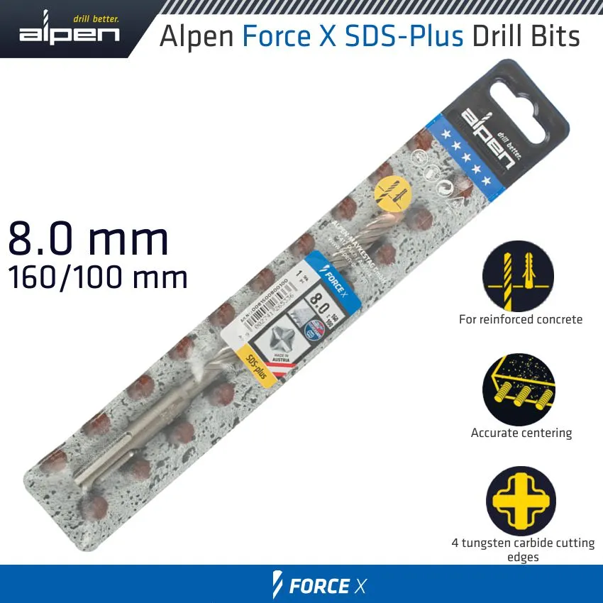 ALPEN FORCE X 8.0 x 160/100 SDS-PLUS DRILL BIT X4 CUTTING EDGES ALP815008