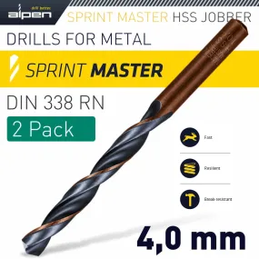 ALPEN HSS SPRINT MASTER  4.0MM X2 SLEEVED DIN338 ALPEN DRILL BIT ALP6180040