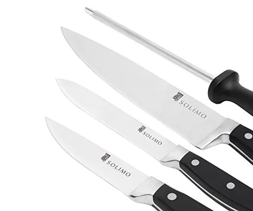 Amazon Brand - Solimo Premium High-Carbon Stainless Steel Kitchen Knife Set, 4-Pieces (with Sharpener), Silver