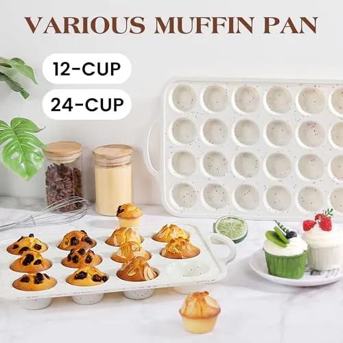 AOTASO Silicone Muffin Pans For Baking Mini Nonstick Cupcake Pan 24 Cups Silicone Cupcake Molds With Metal Reinforced Frame Bpa Free (1 Pc, Cream)