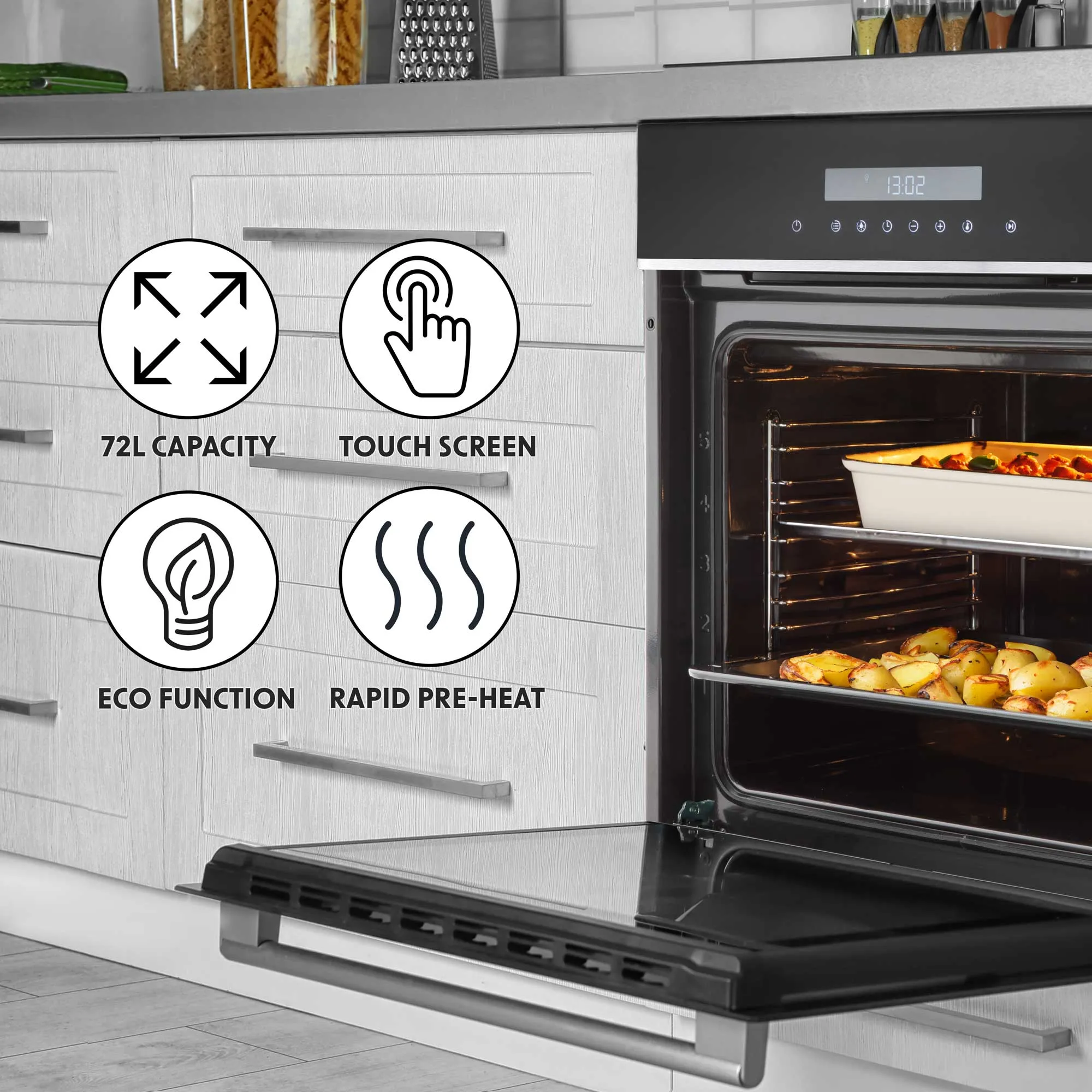 Baridi 60cm Built-In Fan Assisted 10 Function Electric Oven, Touchscreen, 72L, Black/SS - DH200