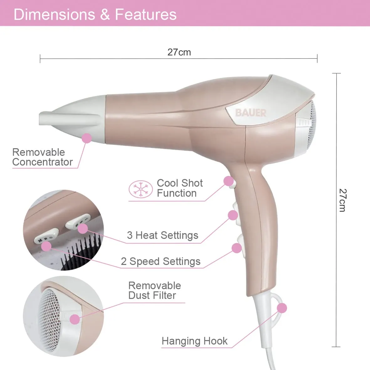 Bauer 38869 Ionic 2 Speed Hairdryer 2000W / 3 Heat Settings and 2 Speeds/Cool Shot Function/Removable Concentrator Nozzle