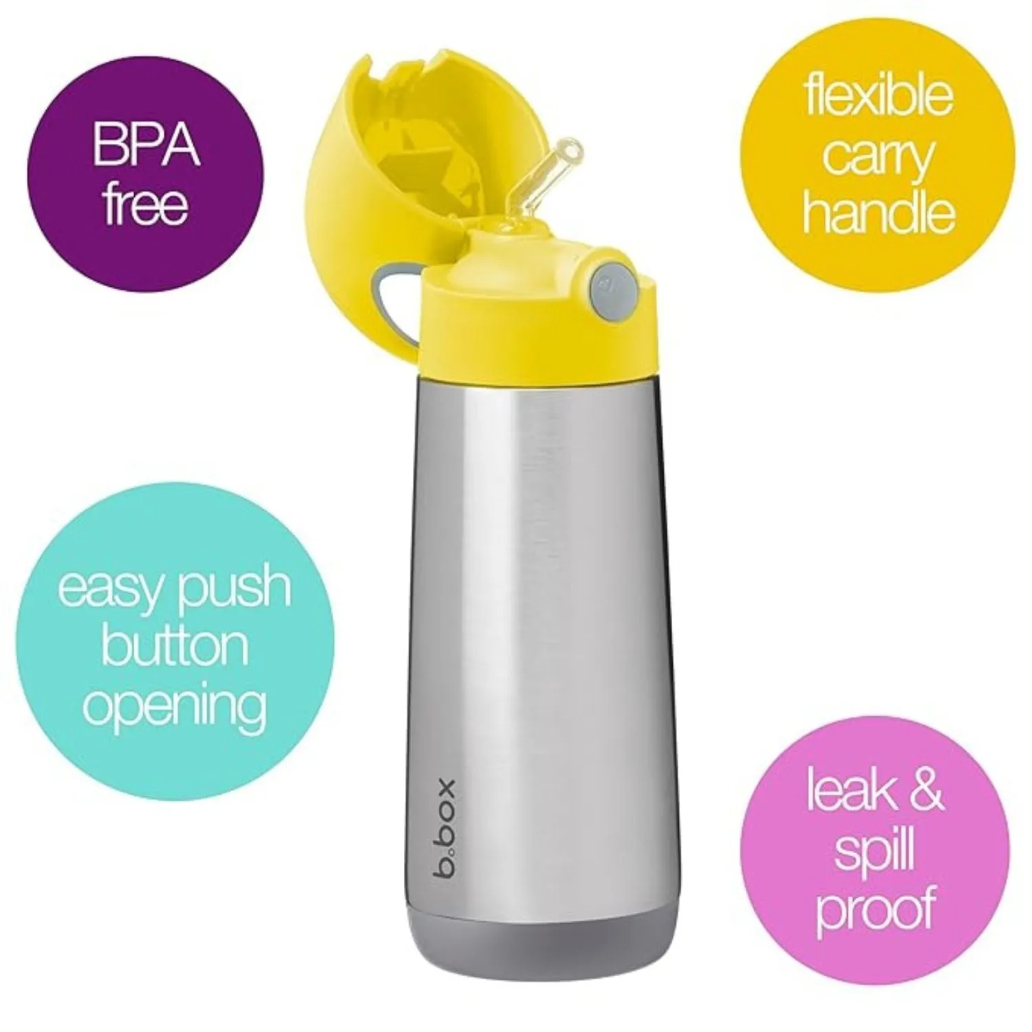 b.box Insulated Straw Sipper Drink Water Bottle 500ml Lemon Sherbet Yellow Grey