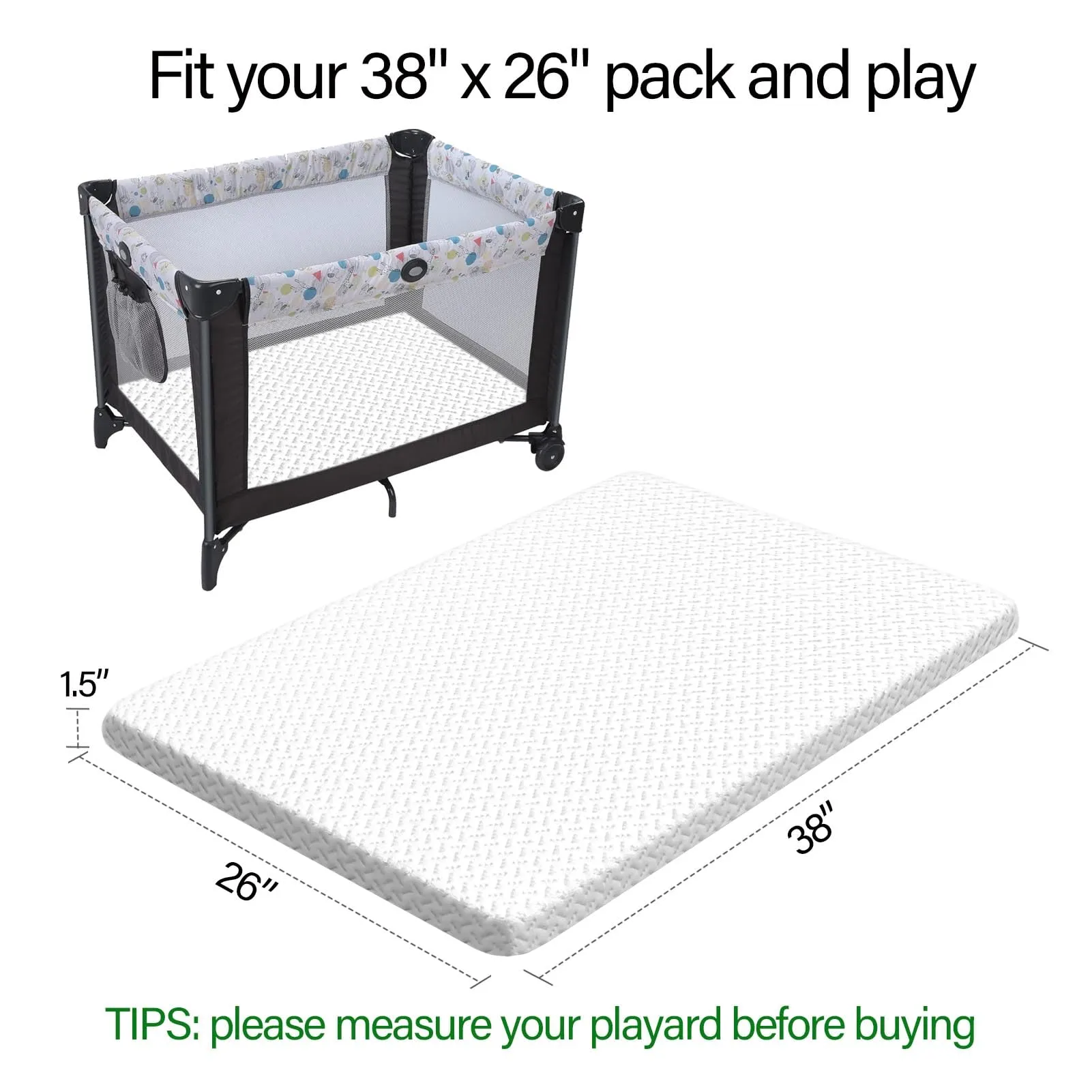 BEIANPP Pack and Play Mattress Topper 38"x26"x1.5" for Playpen and Playard, Soft Breathable Waterproof Cover, Baby Pack N Play Mattresses Pad for Play Pen and Play Yard