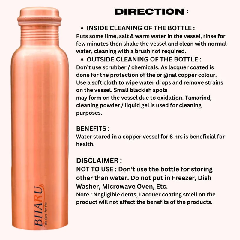 Bharu Plain Copper Bottle 950 ml- Pack of 2