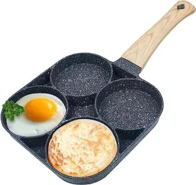 BHAVYAM Non Stick Egg Frying pan with Blocks Aluminium Fry pan for Cooking with Wooden Handle Egg Omelette pan Round with Detachable Handle (1 pcs)