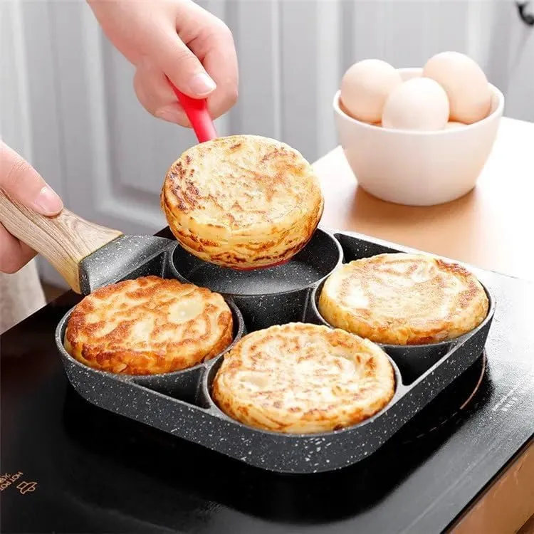 BHAVYAM Non Stick Egg Frying pan with Blocks Aluminium Fry pan for Cooking with Wooden Handle Egg Omelette pan Round with Detachable Handle (1 pcs)