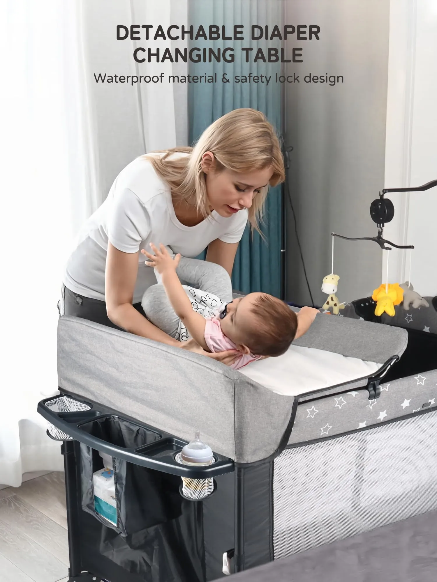 BIUSIKAN Bedside Bassinet for Baby, Baby Crib with Mosquito Net, Mattress, Diaper Changer, Baby Playpen for Newborn to Toddles, Portable Crib for Baby, Pack and Play with Bassinet, 5 in 1 Bedside Crib