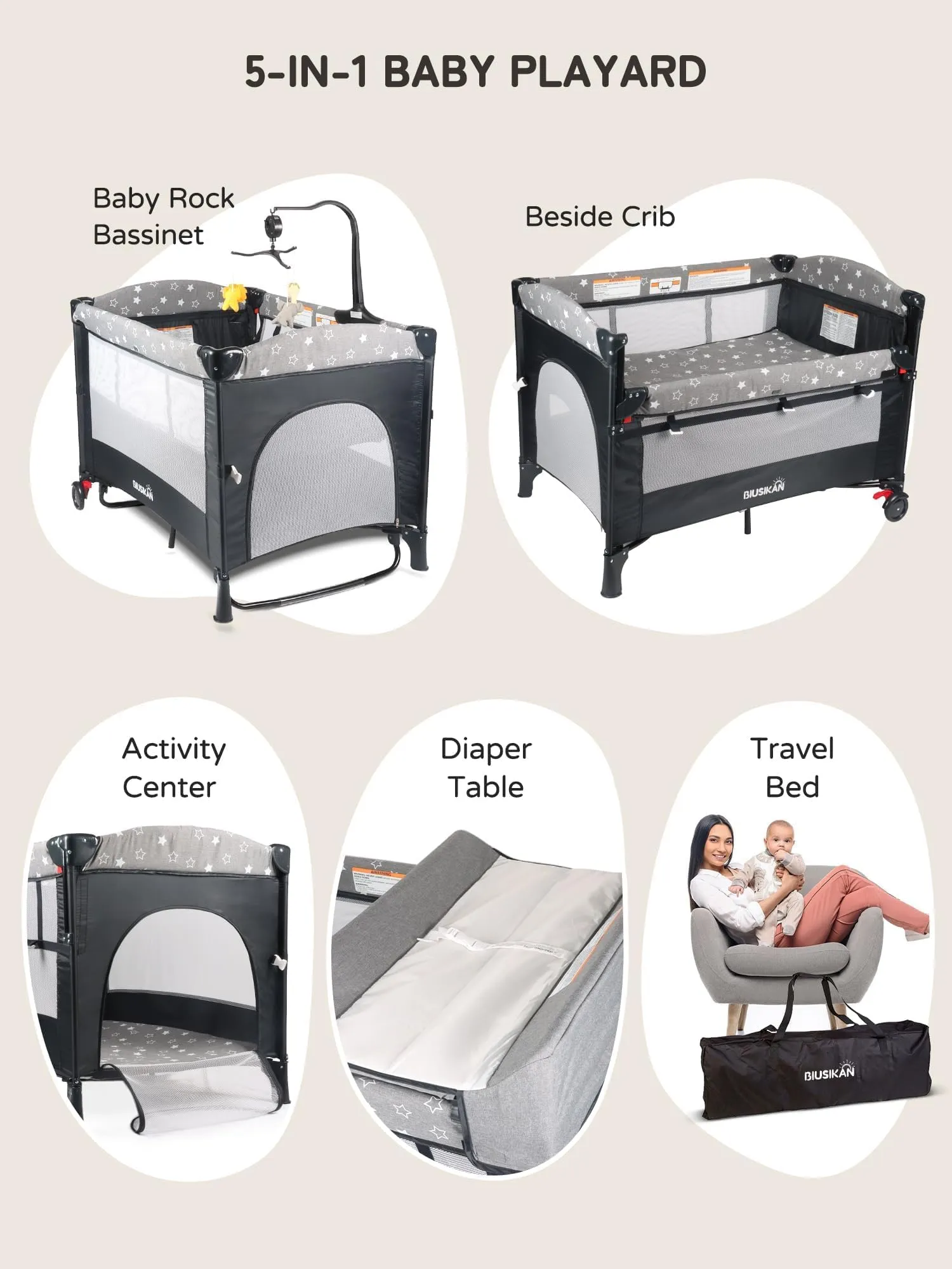 BIUSIKAN Bedside Bassinet for Baby, Baby Crib with Mosquito Net, Mattress, Diaper Changer, Baby Playpen for Newborn to Toddles, Portable Crib for Baby, Pack and Play with Bassinet, 5 in 1 Bedside Crib