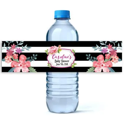 Black Striped Baby Shower Water Bottle Labels