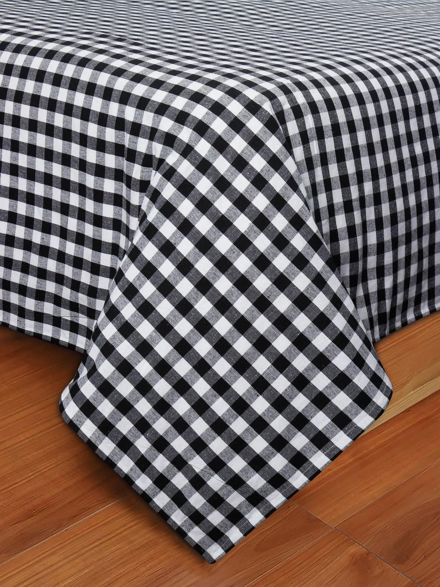 Cotton Checkered Bedsheet with Pillow Covers (Black) - available sizes, Single, Double/Queen, King and Super King