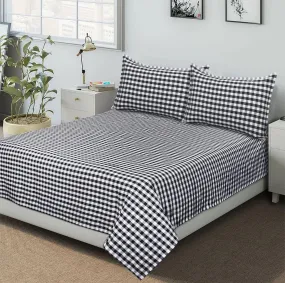 Cotton Checkered Bedsheet with Pillow Covers (Black) - available sizes, Single, Double/Queen, King and Super King