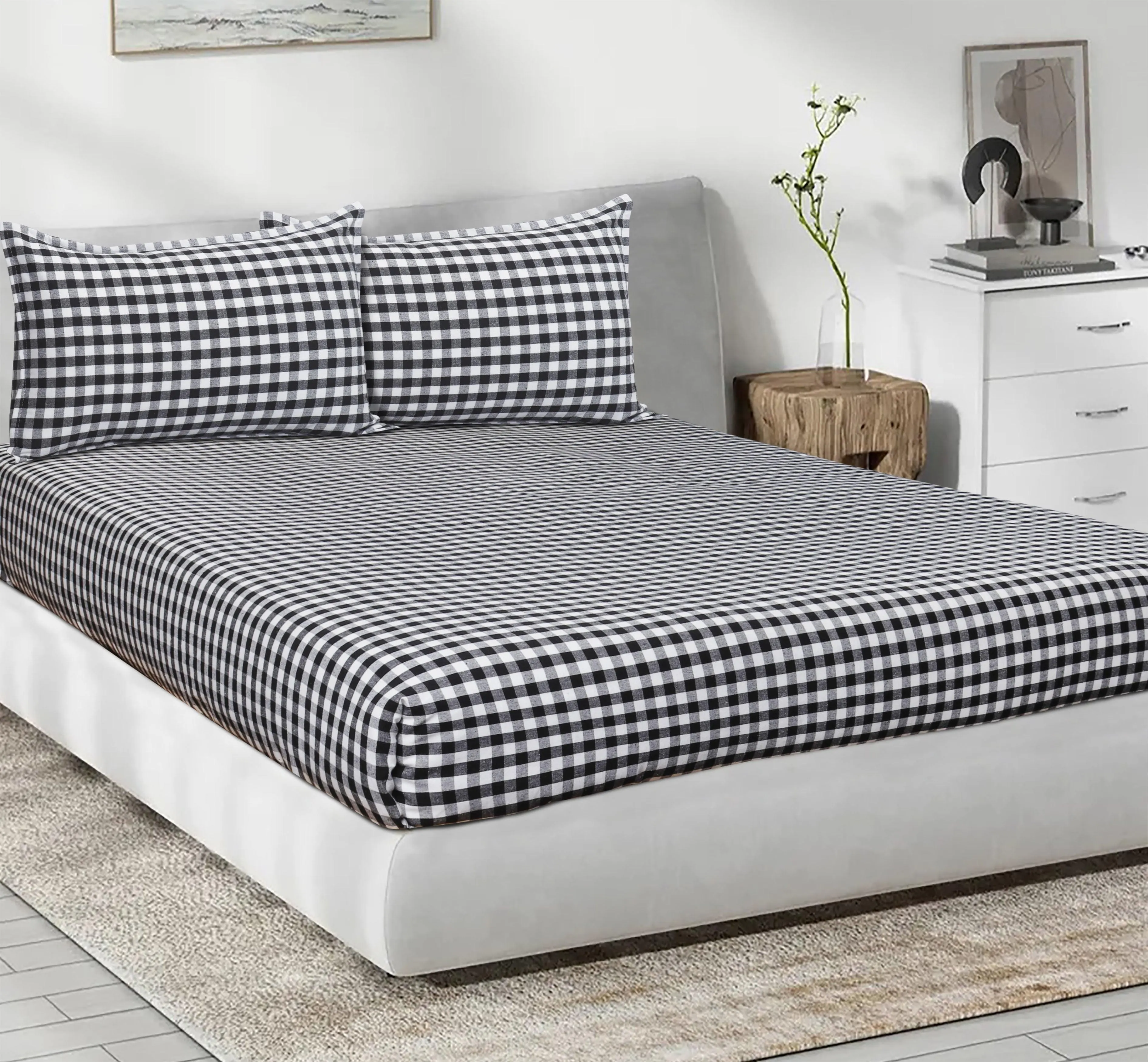 Cotton Checkered Bedsheet with Pillow Covers (Black) - available sizes, Single, Double/Queen, King and Super King