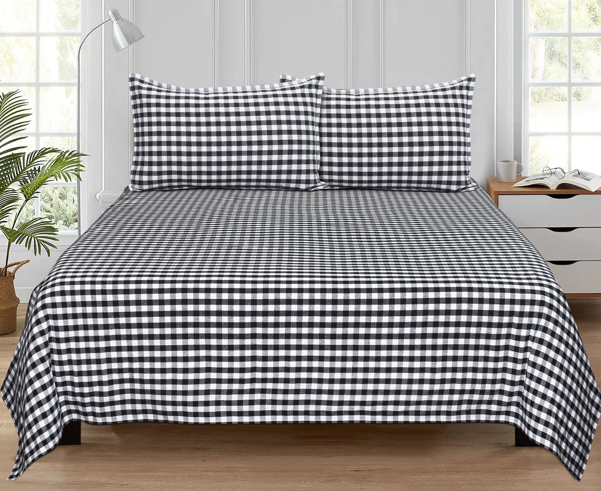 Cotton Checkered Bedsheet with Pillow Covers (Black) - available sizes, Single, Double/Queen, King and Super King