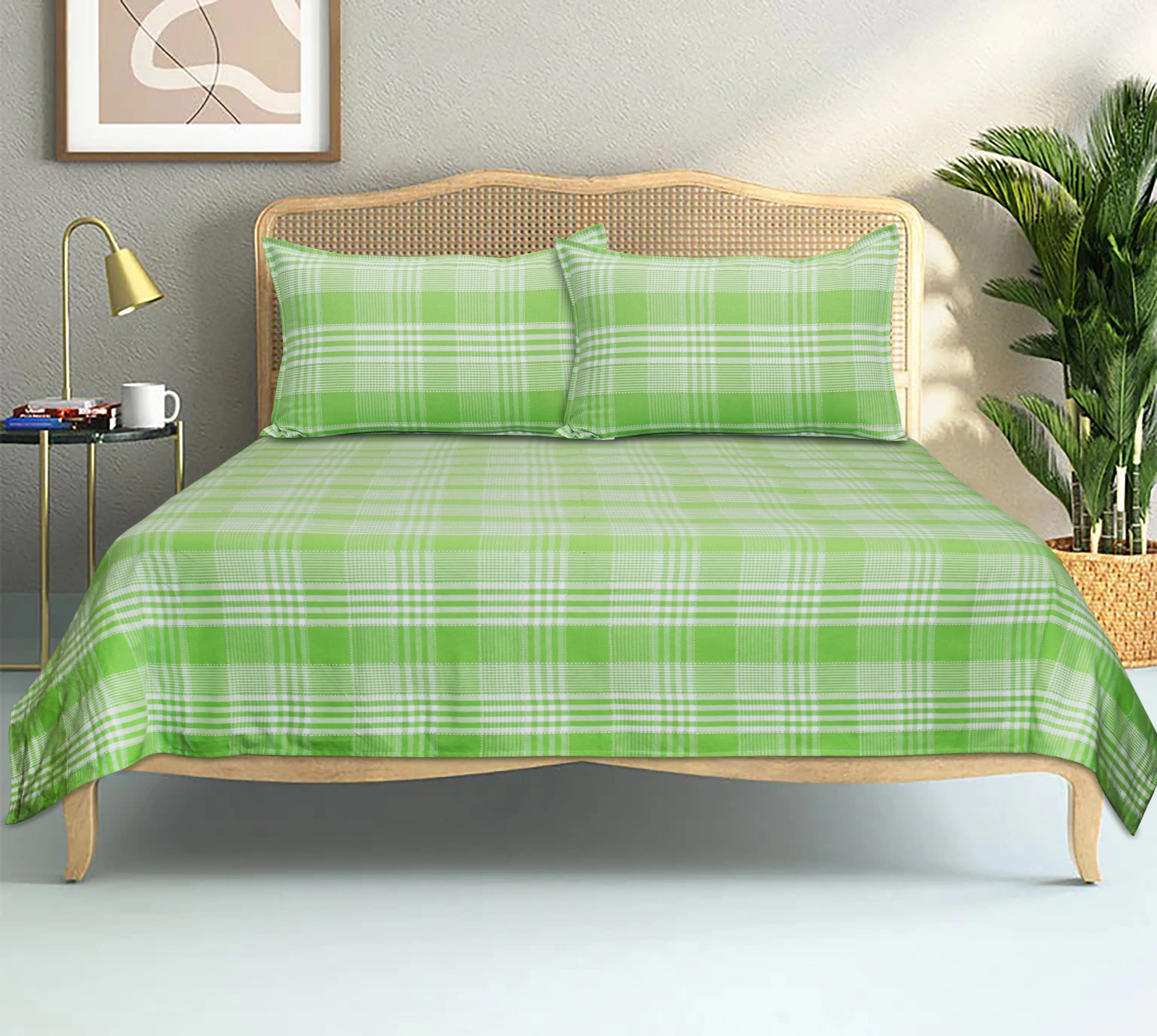 Cotton Double Track Dobby Checkered Bedsheet with 2 Pillow Covers (Pack of 3, Green)