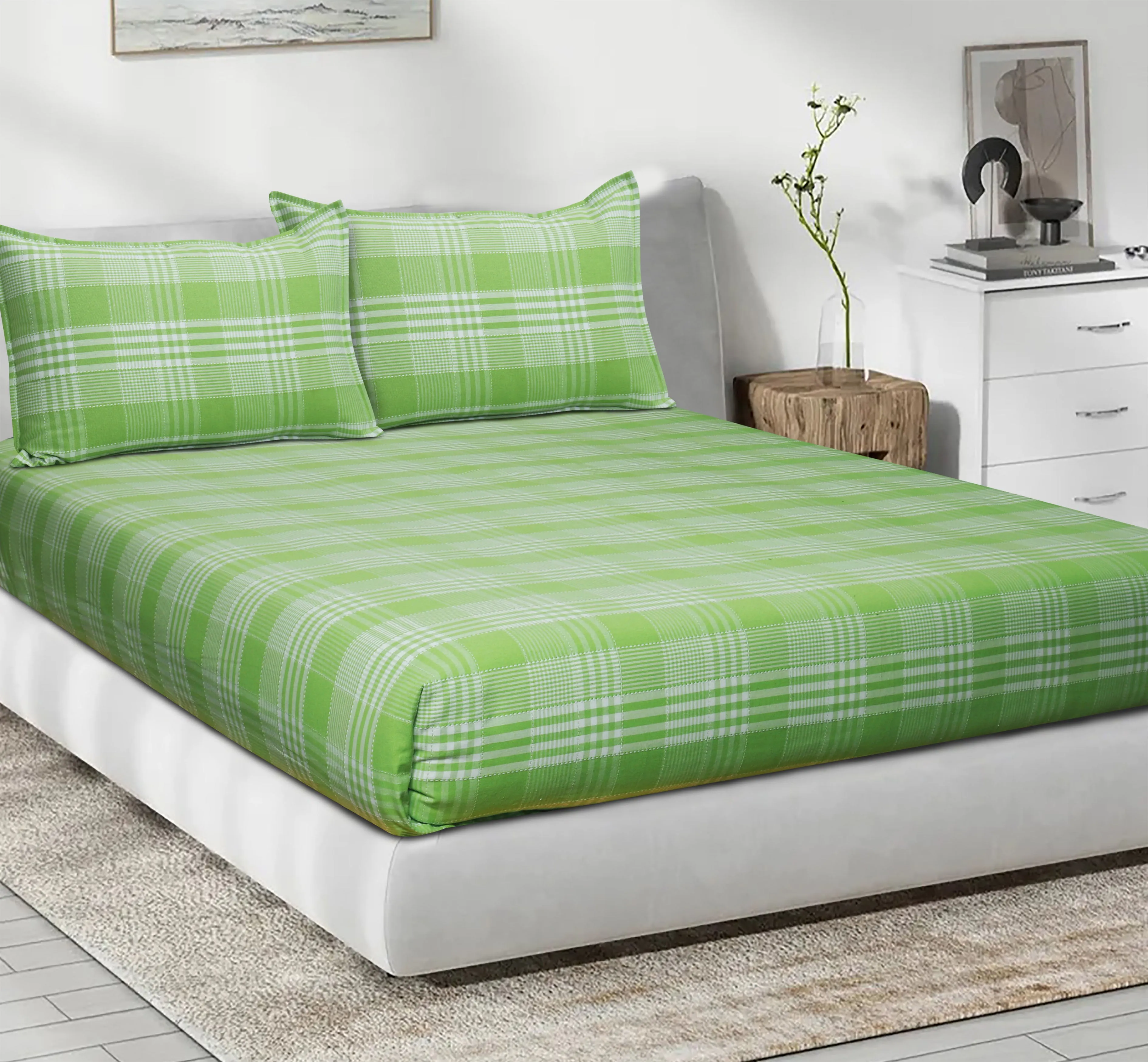 Cotton Double Track Dobby Checkered Bedsheet with 2 Pillow Covers (Pack of 3, Green)