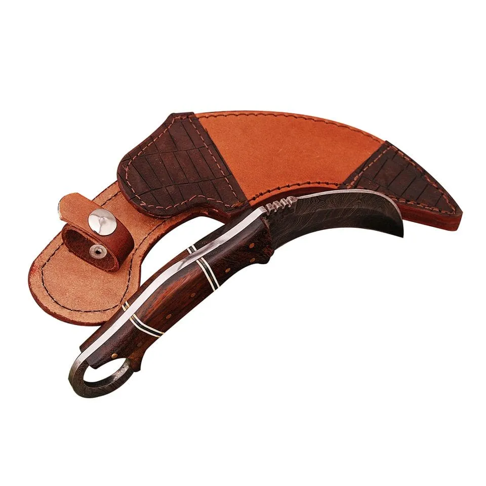 Damascus Two Side Blade Karambit Knife with Rosewood Handle KDS1151RED