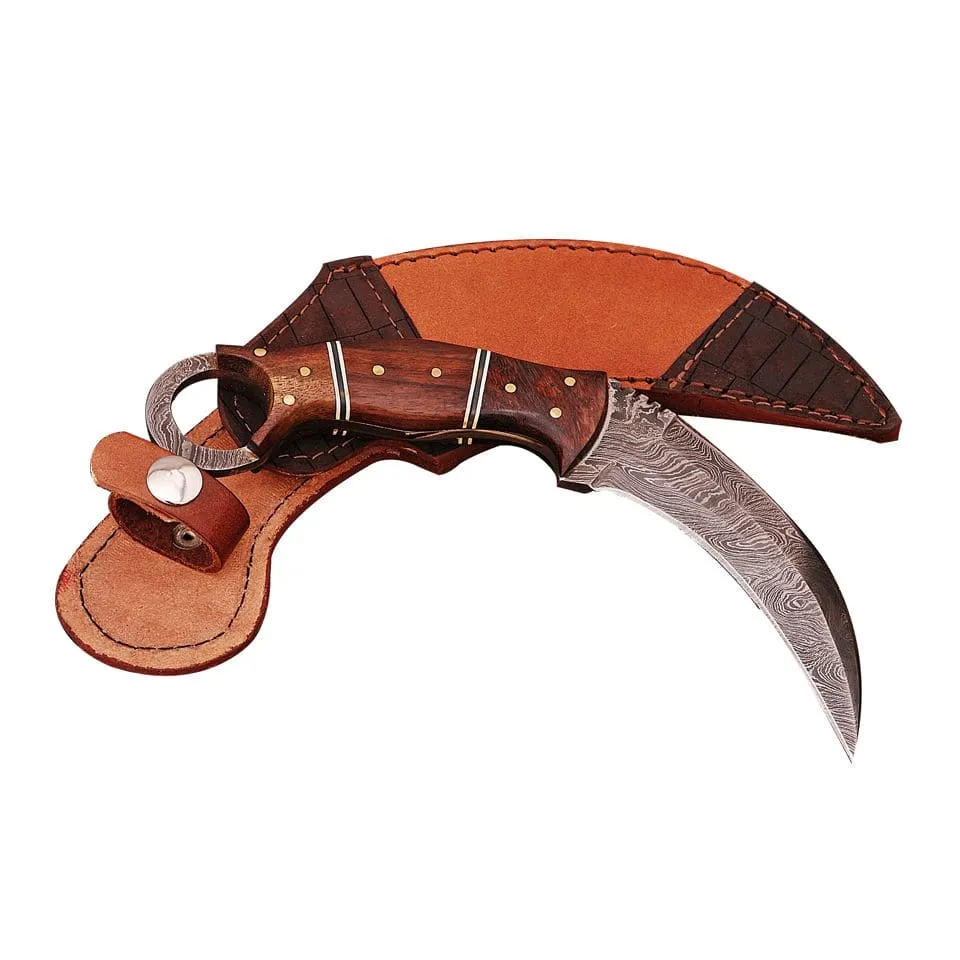 Damascus Two Side Blade Karambit Knife with Rosewood Handle KDS1151RED