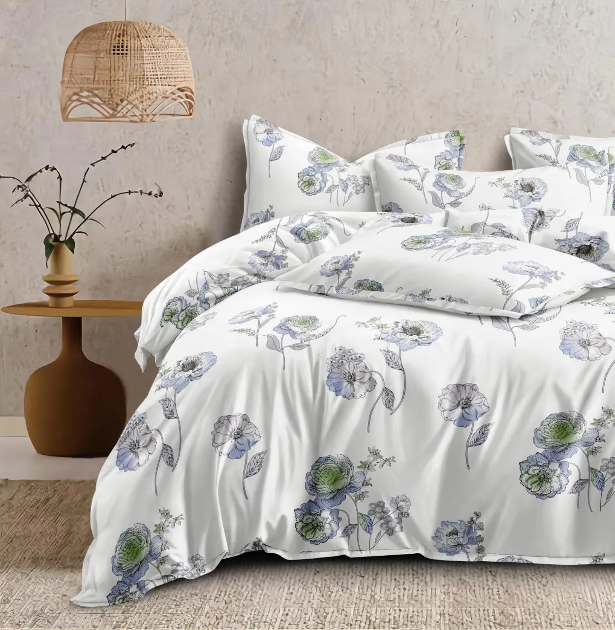 DECOR2ADMIRE 300TC Premium Glace Cotton Printed Super King Size Double Bedsheet with Two Pillow Covers, 108 * 108 Inches or 9ft by 9ft or 275 cm x 275 cm (White Floral Print)