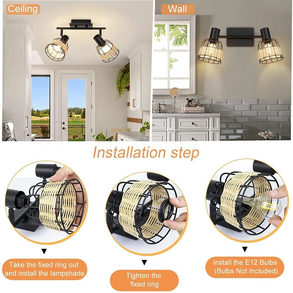 Depuley 2 Way Spotlight Ceiling with Swiveling Spots Heads, Ceiling Light Hollow Design,Iron Rattan Lampshade, Spot Lights for Kitchen, Living Room, Bedroom,Black