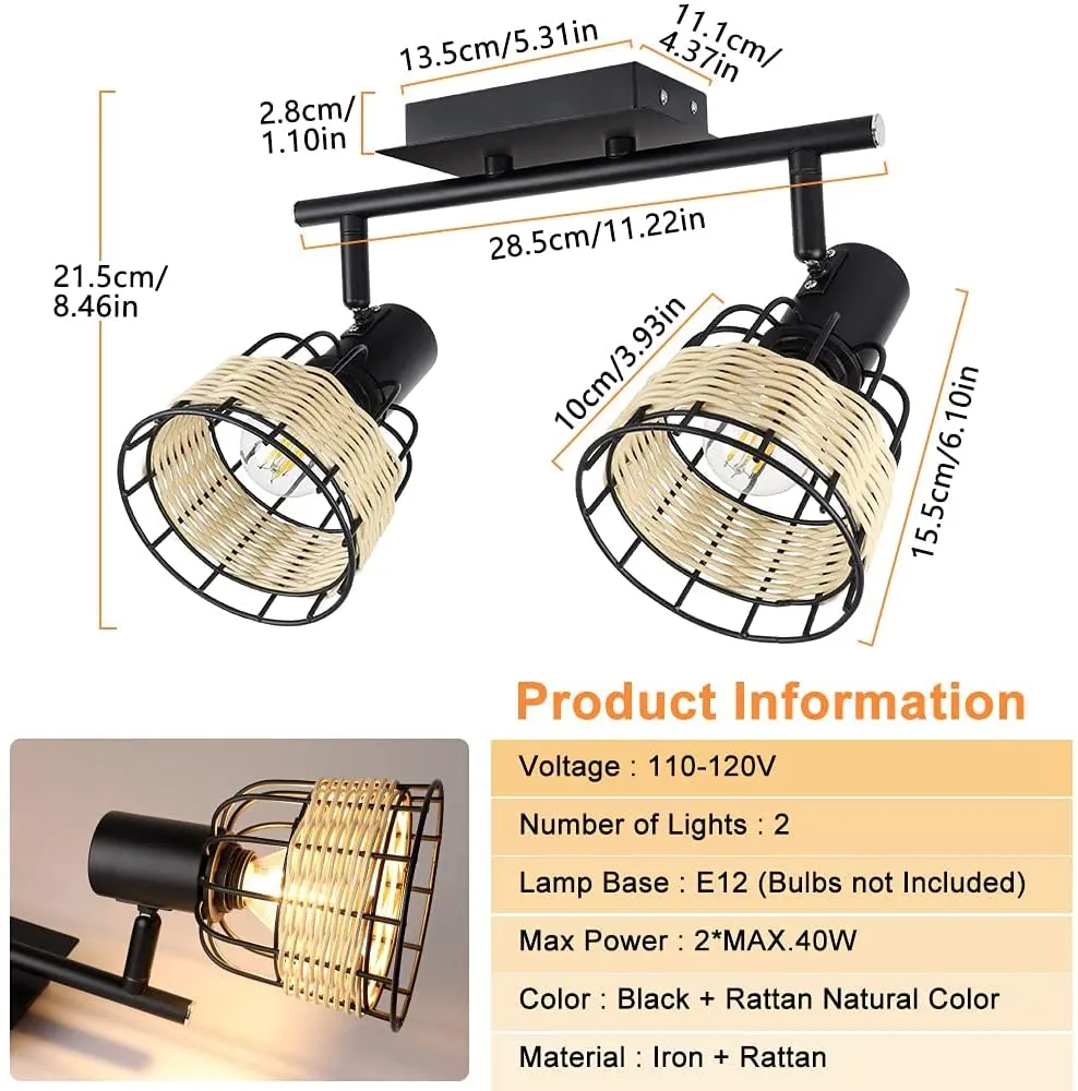 Depuley 2 Way Spotlight Ceiling with Swiveling Spots Heads, Ceiling Light Hollow Design,Iron Rattan Lampshade, Spot Lights for Kitchen, Living Room, Bedroom,Black