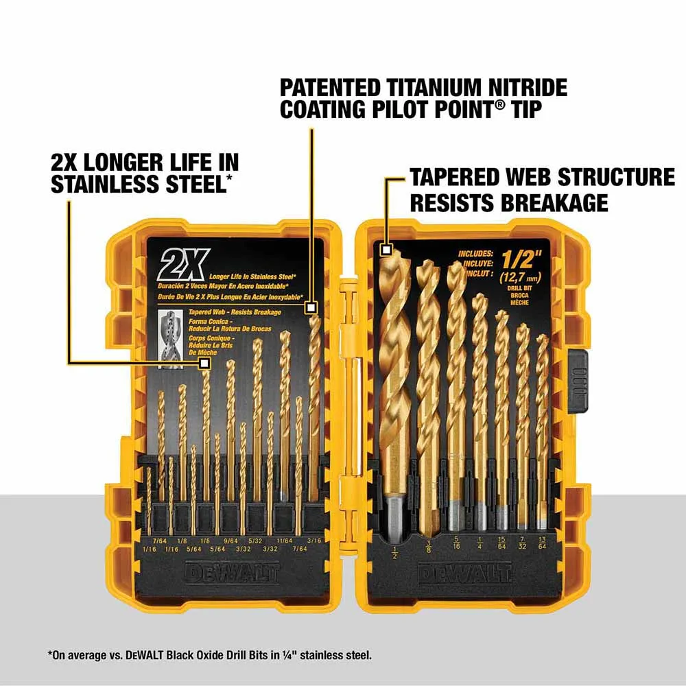 DeWalt DW1361 21-Piece Titanium Nitride Coating Pilot Point Drill Bit Set 1/16" - 1/2"