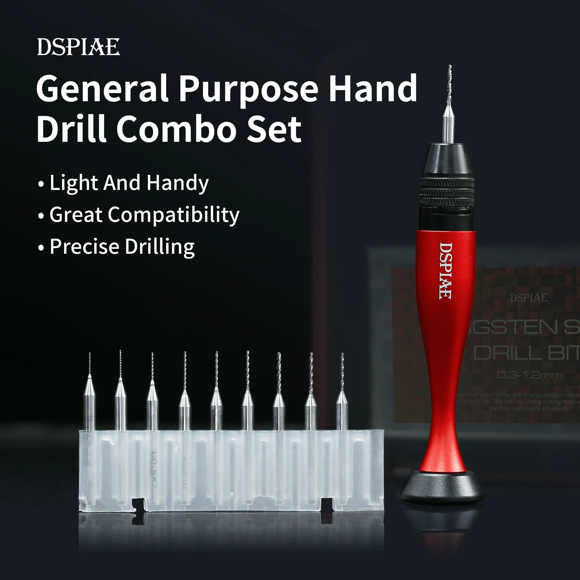 DSPIAE Aluminum Chuck Hand Drill Set with 10 Tungsten Drill Bits AT-VHDS