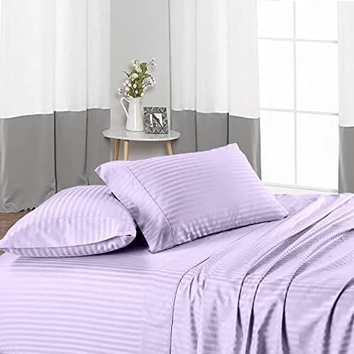 Easy Bedding- 100% Cotton Breathable Flat Bedsheet with 2 Pillow Cover- 600 Thread Count Sateen Bedsheet- 3 PC Hotel Luxury Bedsheet Set- Lavender Stripe, Single Size