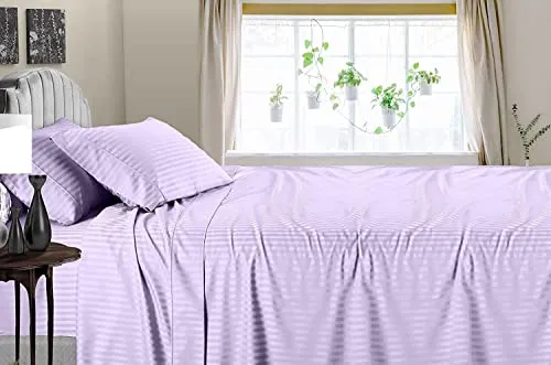 Easy Bedding- 100% Cotton Breathable Flat Bedsheet with 2 Pillow Cover- 600 Thread Count Sateen Bedsheet- 3 PC Hotel Luxury Bedsheet Set- Lavender Stripe, Single Size